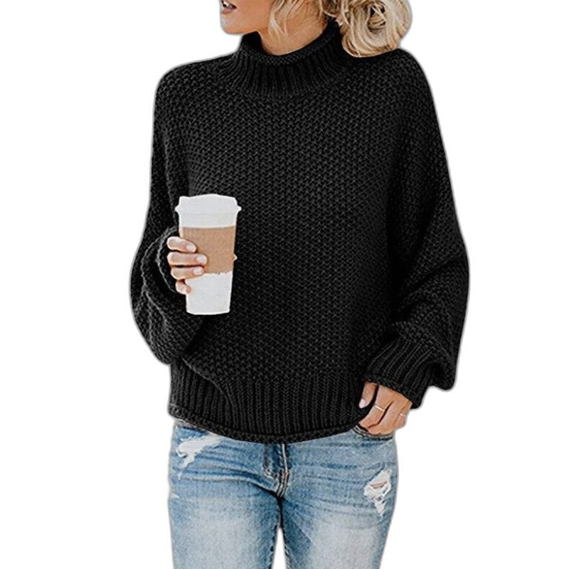 Effortless Orange Knit Sweater for Women with Turtleneck Long Sleeve Oversized Casual Style