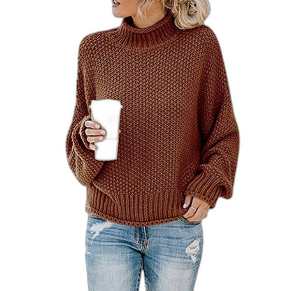 Effortless Orange Knit Sweater for Women with Turtleneck Long Sleeve Oversized Casual Style
