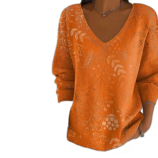 Effortless Orange Knit Sweater for Women with V Neck Long Sleeve Flowing Casual Style