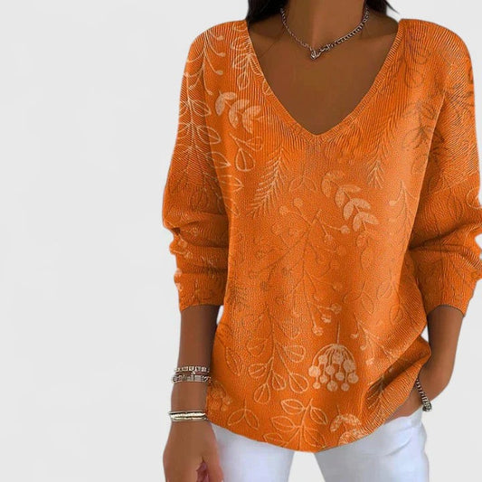 Effortless Orange Knit Sweater for Women with V Neck Long Sleeve Flowing Casual Style