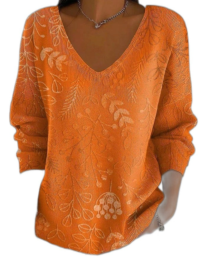 Effortless Orange Knit Sweater for Women with V Neck Long Sleeve Flowing Casual Style
