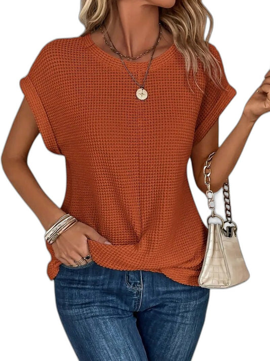 Effortless Orange Knit T Shirt for Women with Crew Neck Short Sleeve Oversized Casual Style