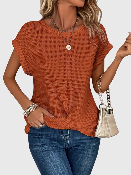 Effortless Orange Knit T Shirt for Women with Crew Neck Short Sleeve Oversized Casual Style