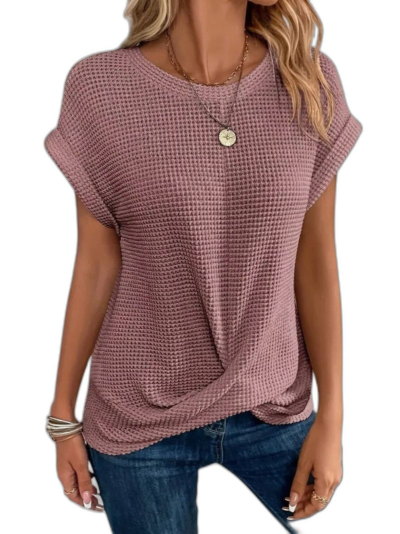 Effortless Orange Knit T Shirt for Women with Crew Neck Short Sleeve Oversized Casual Style