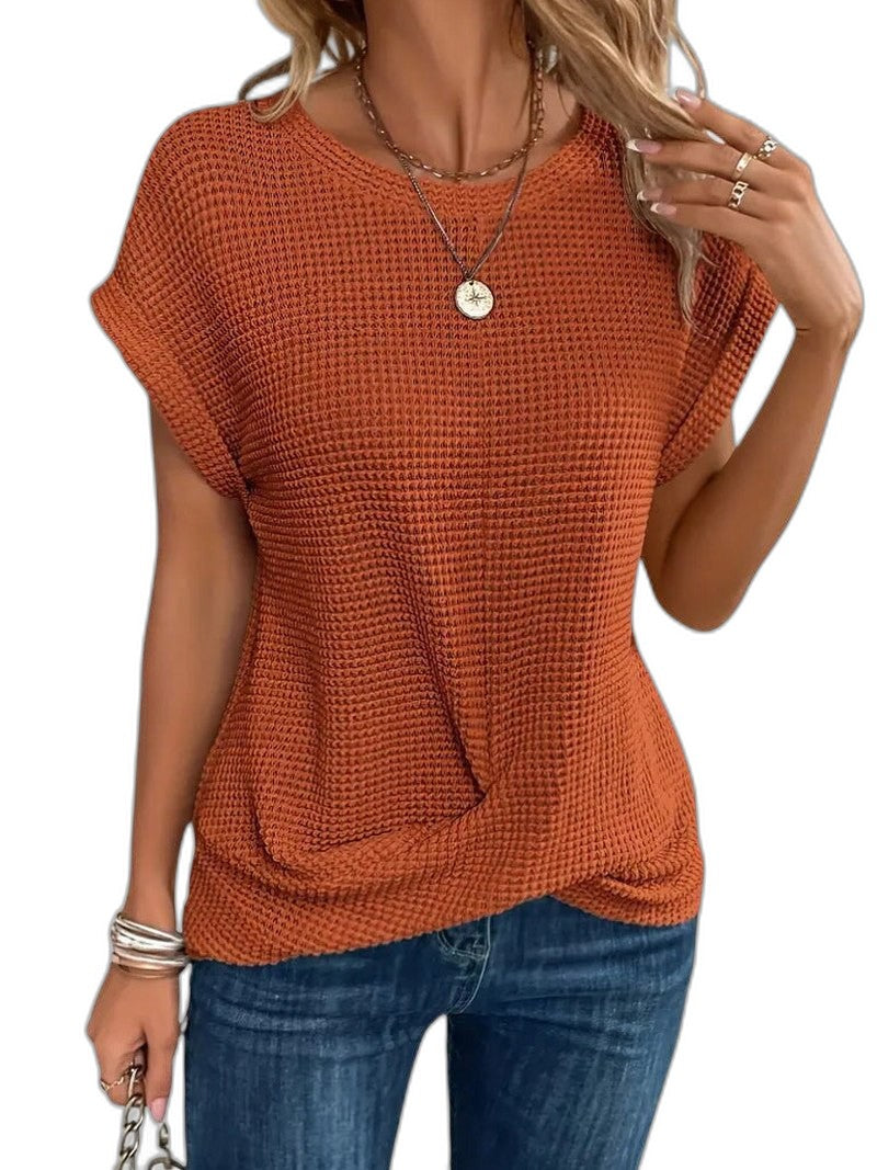 Effortless Orange Knit T Shirt for Women with Crew Neck Short Sleeve Oversized Casual Style