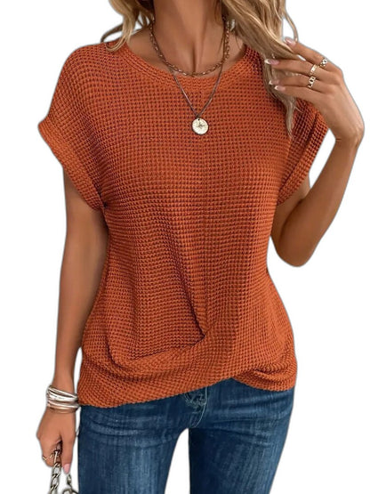 Effortless Orange Knit T Shirt for Women with Crew Neck Short Sleeve Oversized Casual Style