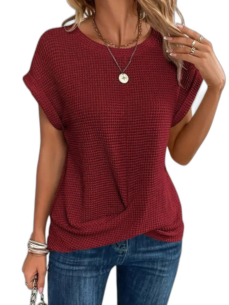 Effortless Orange Knit T Shirt for Women with Crew Neck Short Sleeve Oversized Casual Style