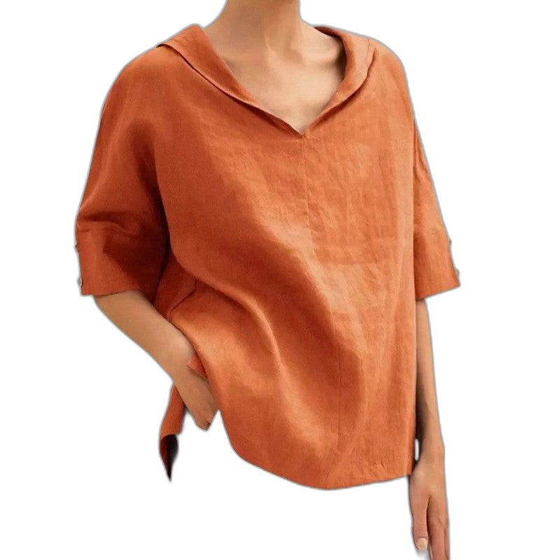 Effortless Orange Linen Blouse for Women with Collared Short Sleeve Oversized Pockets Casual Style