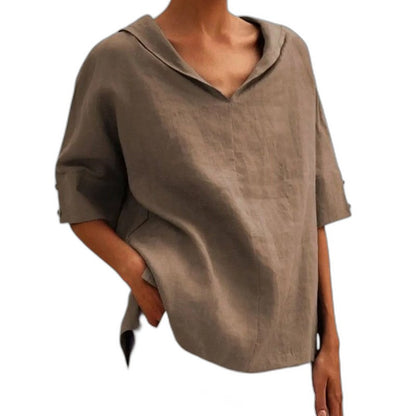 Effortless Orange Linen Blouse for Women with Collared Short Sleeve Oversized Pockets Casual Style