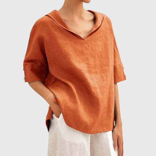 Effortless Orange Linen Blouse for Women with V Neck Short Sleeve Oversized Casual Style