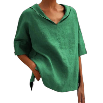 Effortless Orange Linen Blouse for Women with V Neck Short Sleeve Oversized Casual Style