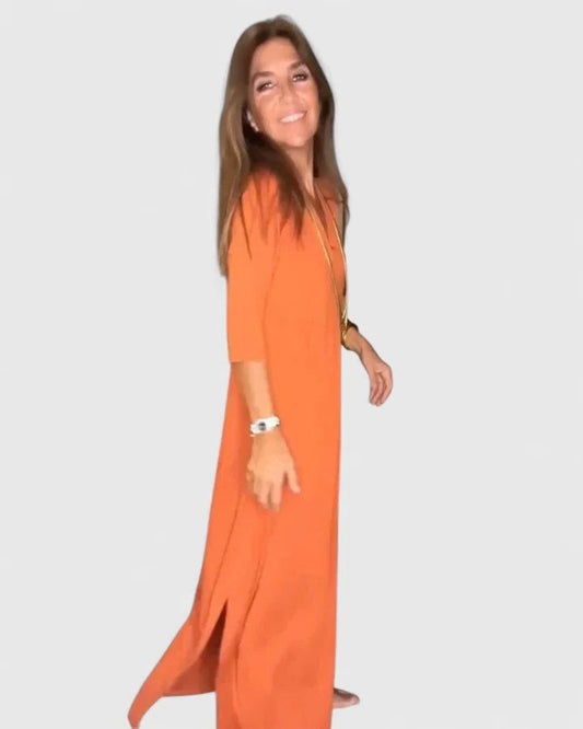 Effortless Orange Maxi Dress for Women with Collared Short Sleeve Flowing Casual Style