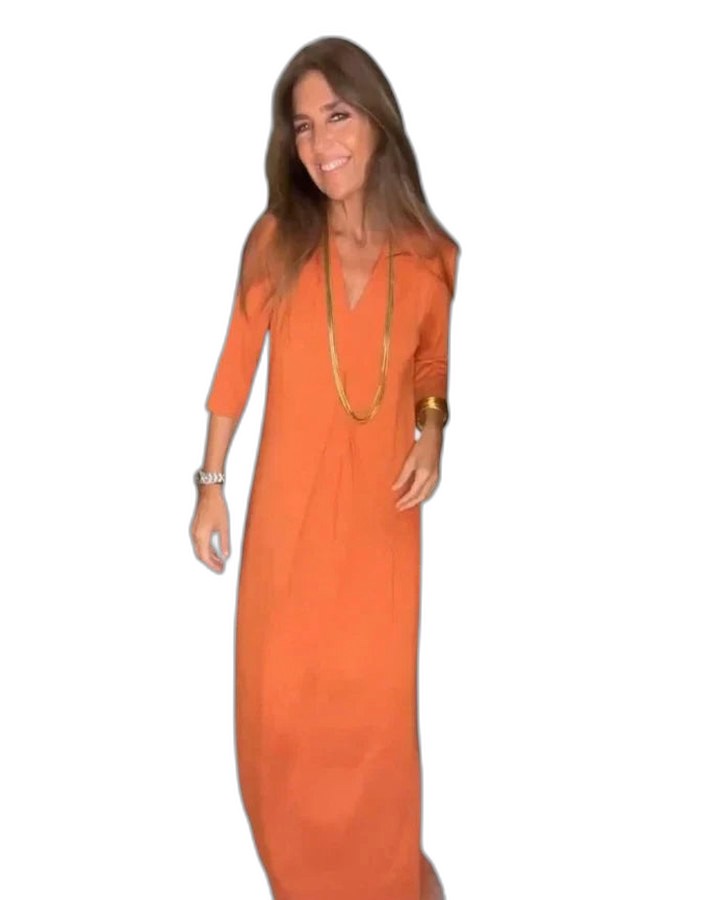 Effortless Orange Maxi Dress for Women with Collared Short Sleeve Flowing Casual Style