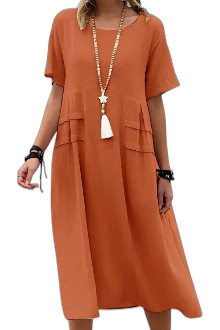 Effortless Orange Midi Dress for Women with Crew Neck Short Sleeve Flowing Pockets Casual Style
