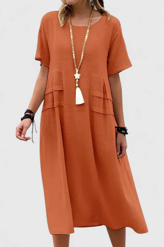 Effortless Orange Midi Dress for Women with Crew Neck Short Sleeve Flowing Pockets Casual Style