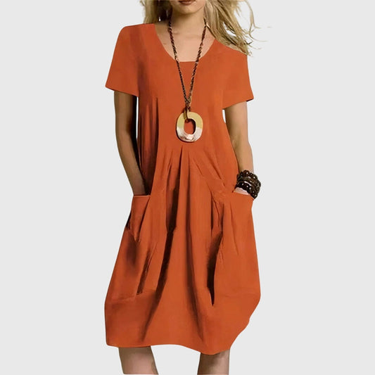 Effortless Orange Midi Dress for Women with Crew Neck Short Sleeve Flowing Pockets Casual Style