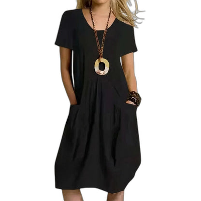 Effortless Orange Midi Dress for Women with Crew Neck Short Sleeve Flowing Pockets Casual Style