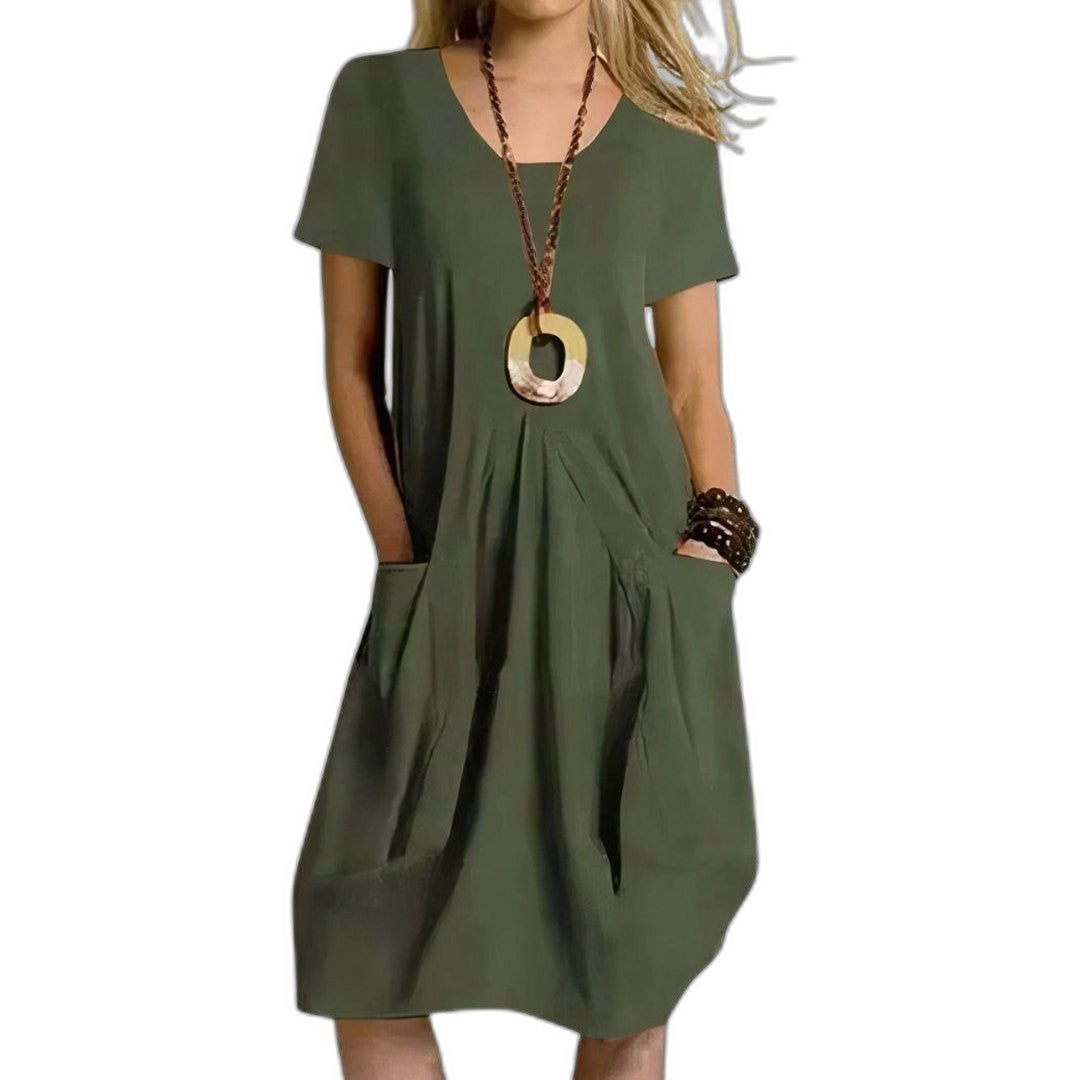 Effortless Orange Midi Dress for Women with Crew Neck Short Sleeve Flowing Pockets Casual Style