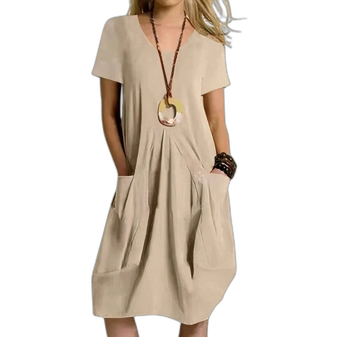 Effortless Orange Midi Dress for Women with Crew Neck Short Sleeve Flowing Pockets Casual Style