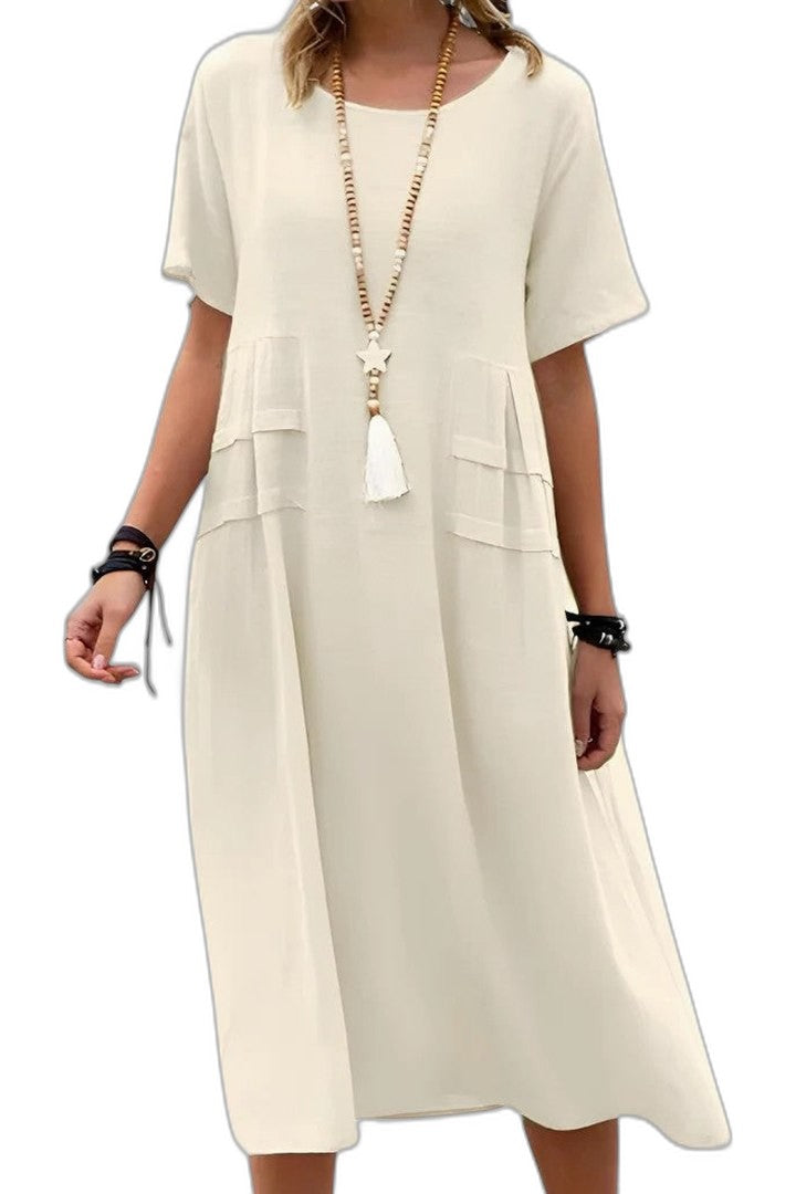 Effortless Orange Midi Dress for Women with Crew Neck Short Sleeve Flowing Pockets Casual Style