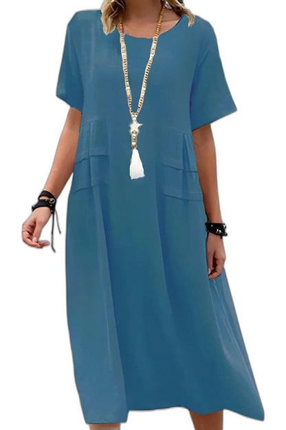 Effortless Orange Midi Dress for Women with Crew Neck Short Sleeve Flowing Pockets Casual Style