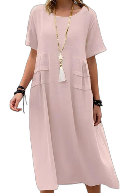 Effortless Orange Midi Dress for Women with Crew Neck Short Sleeve Flowing Pockets Casual Style