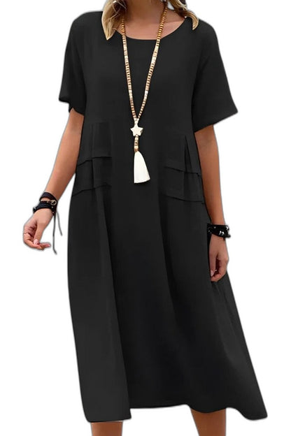 Effortless Orange Midi Dress for Women with Crew Neck Short Sleeve Flowing Pockets Casual Style