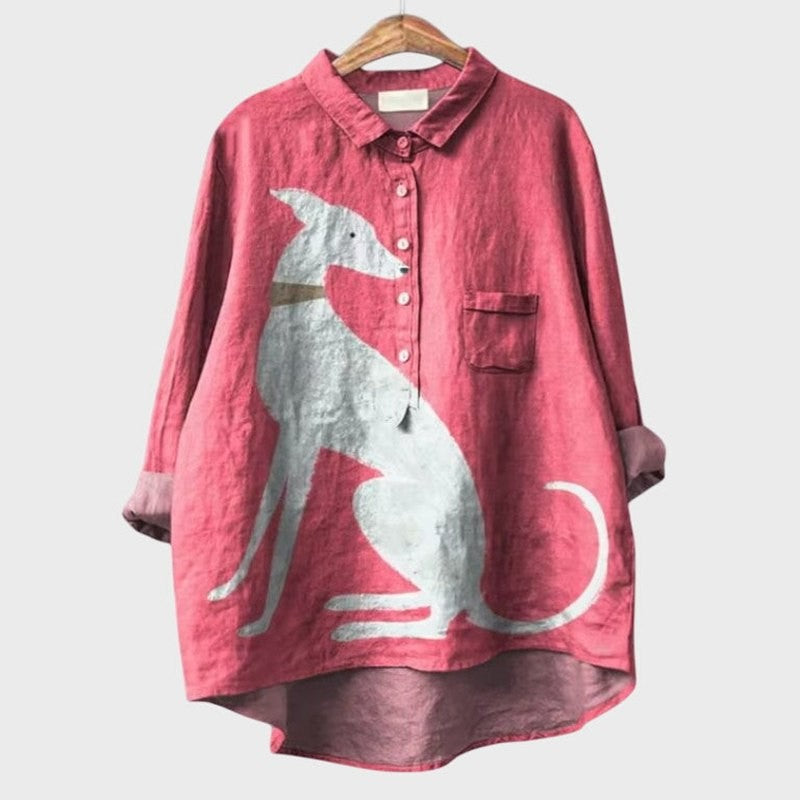 Effortless Pink Abstract Blouse for Women with Collared Long Sleeve Button Front Oversized Pockets Casual Style