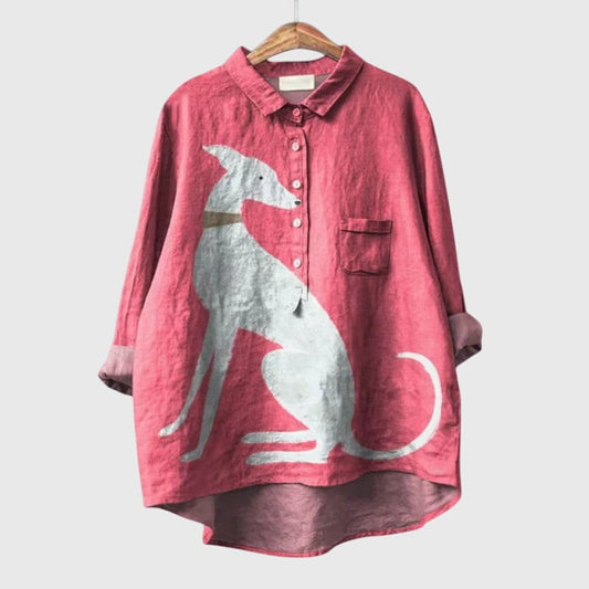 Effortless Pink Abstract Blouse for Women with Collared Long Sleeve Button Front Oversized Pockets Casual Style