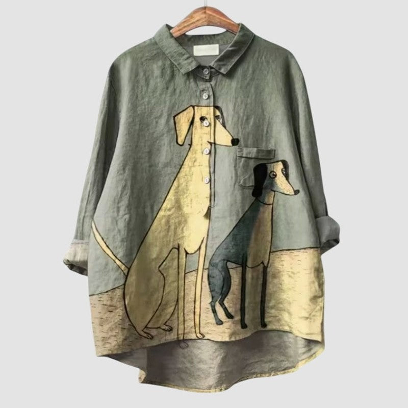 Effortless Pink Abstract Blouse for Women with Collared Long Sleeve Button Front Oversized Pockets Casual Style