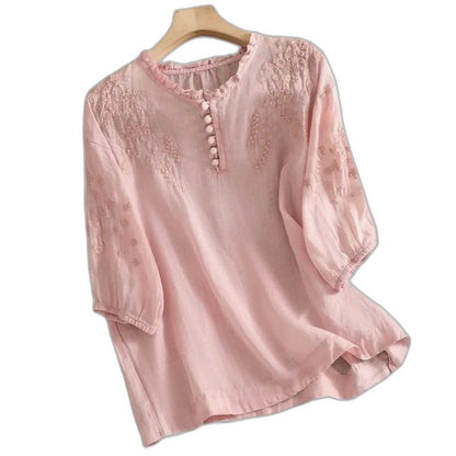 Effortless Pink Blouse for Women with Crew Neck Elbow Sleeve Button Front Casual Style