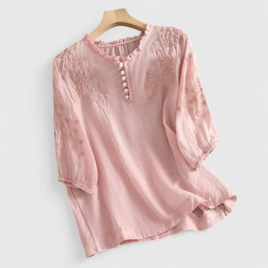 Effortless Pink Blouse for Women with Crew Neck Elbow Sleeve Button Front Casual Style