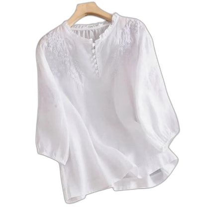 Effortless Pink Blouse for Women with Crew Neck Elbow Sleeve Button Front Casual Style