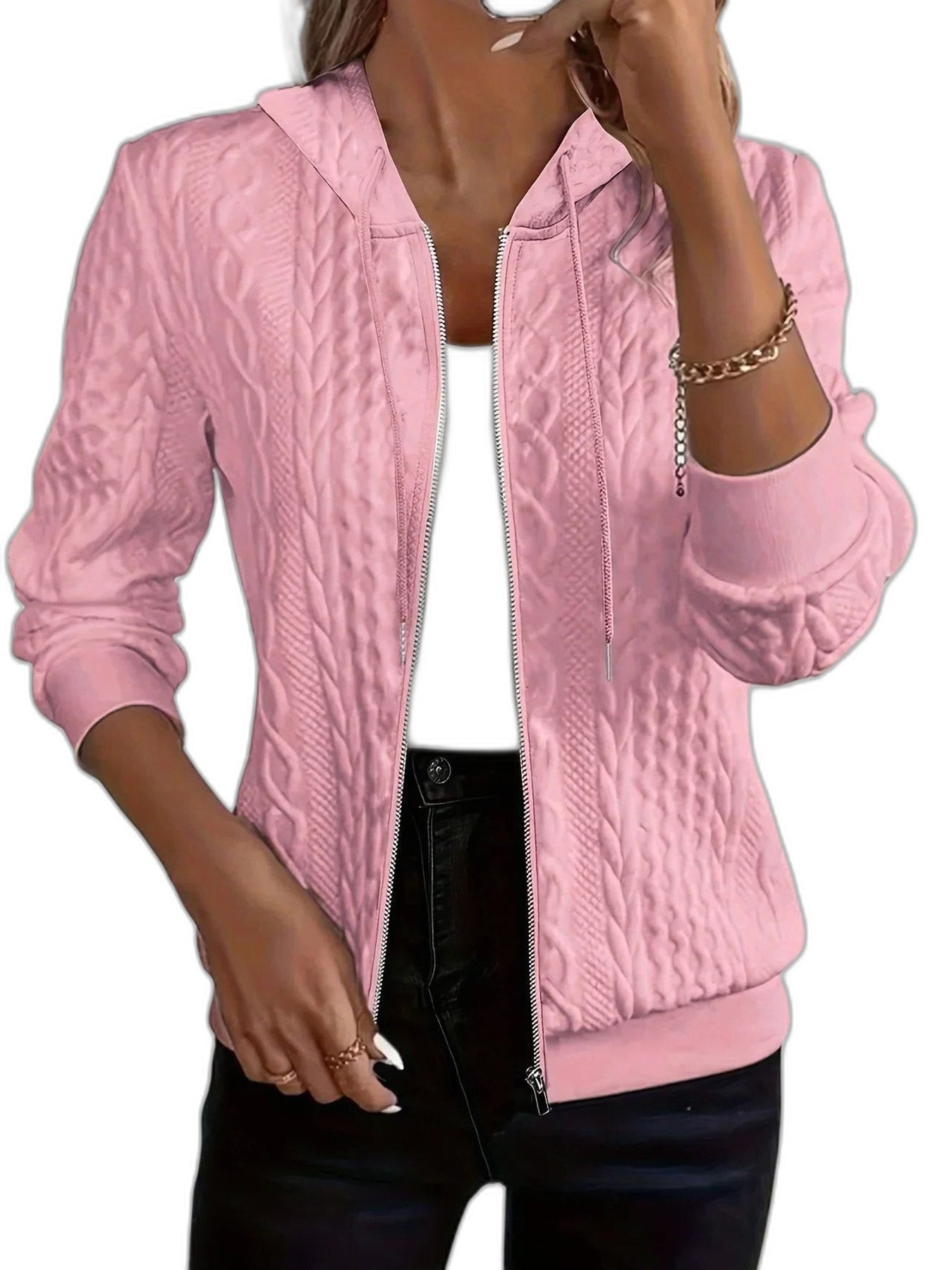 Effortless Pink Cable Knit Jacket for Women with Collared Long Sleeve Zip Up Casual Style