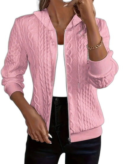 Effortless Pink Cable Knit Jacket for Women with Collared Long Sleeve Zip Up Casual Style