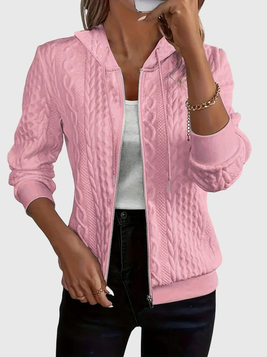 Effortless Pink Cable Knit Jacket for Women with Collared Long Sleeve Zip Up Casual Style
