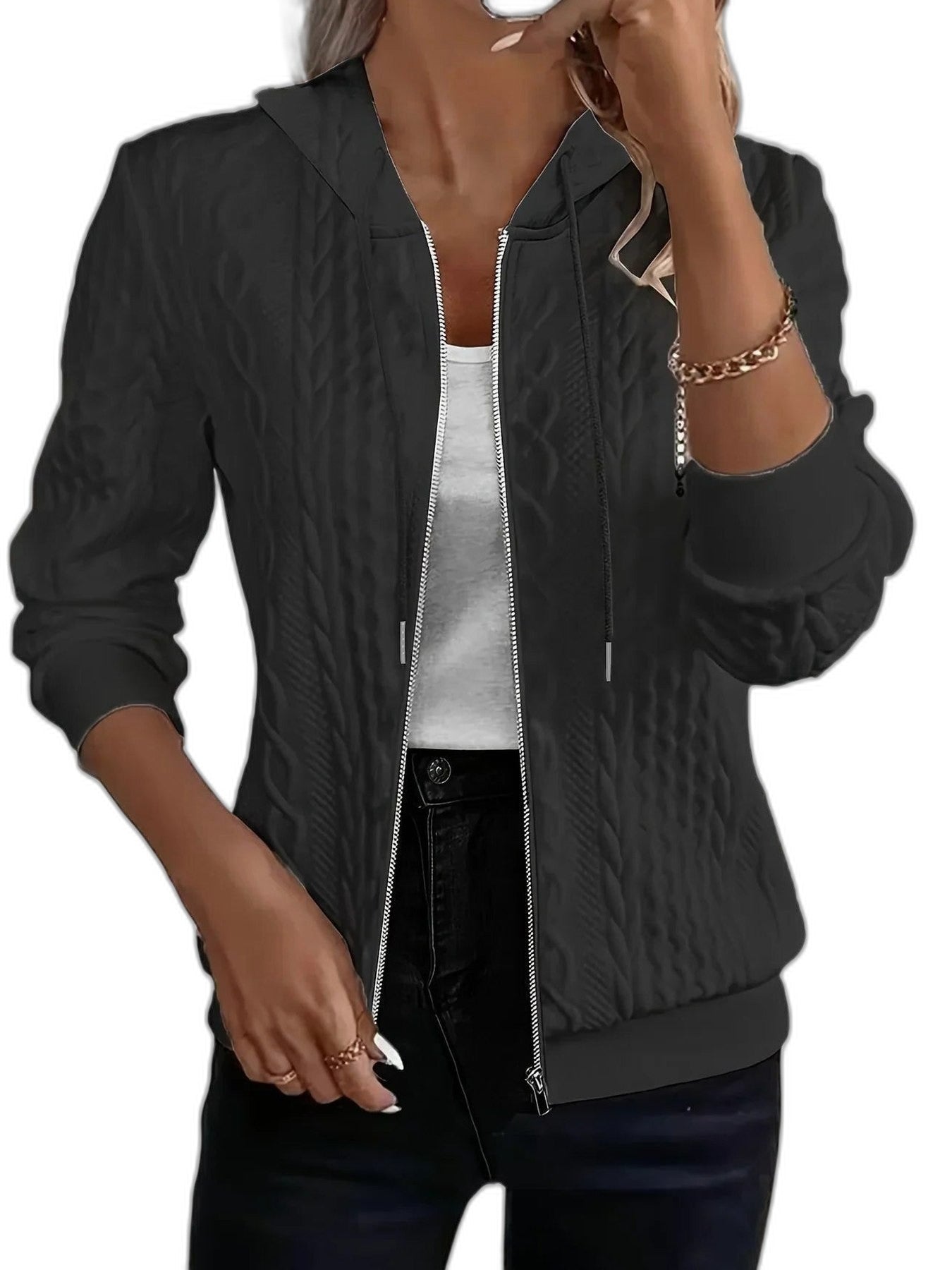 Effortless Pink Cable Knit Jacket for Women with Collared Long Sleeve Zip Up Casual Style