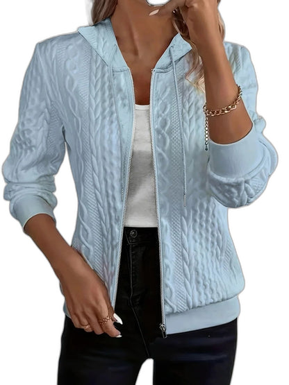 Effortless Pink Cable Knit Jacket for Women with Collared Long Sleeve Zip Up Casual Style