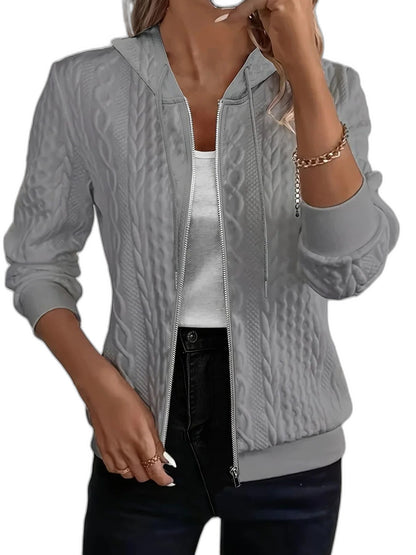 Effortless Pink Cable Knit Jacket for Women with Collared Long Sleeve Zip Up Casual Style