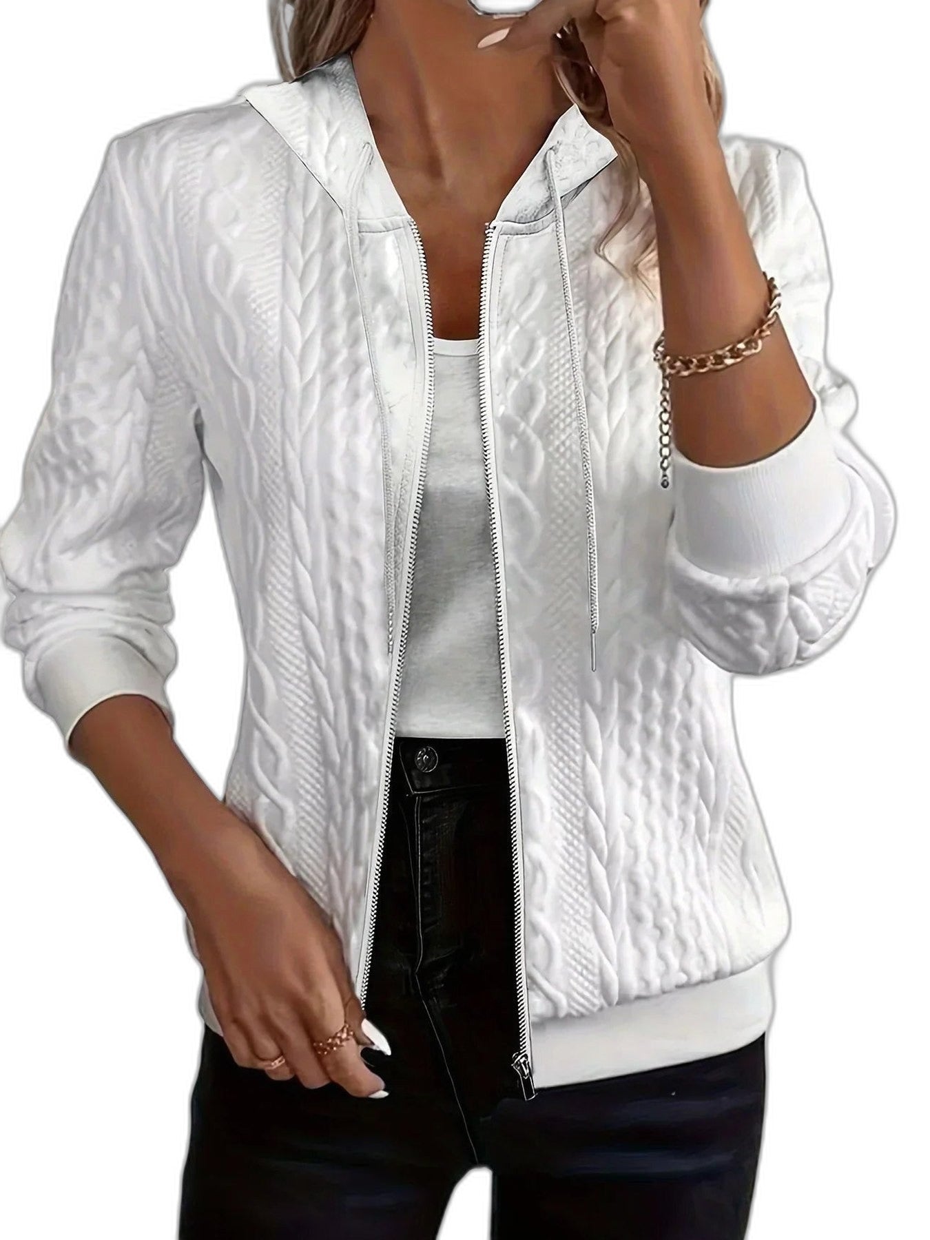 Effortless Pink Cable Knit Jacket for Women with Collared Long Sleeve Zip Up Casual Style