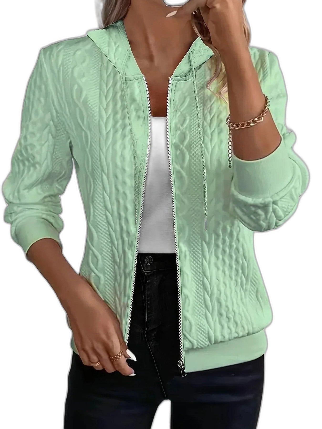 Effortless Pink Cable Knit Jacket for Women with Collared Long Sleeve Zip Up Casual Style
