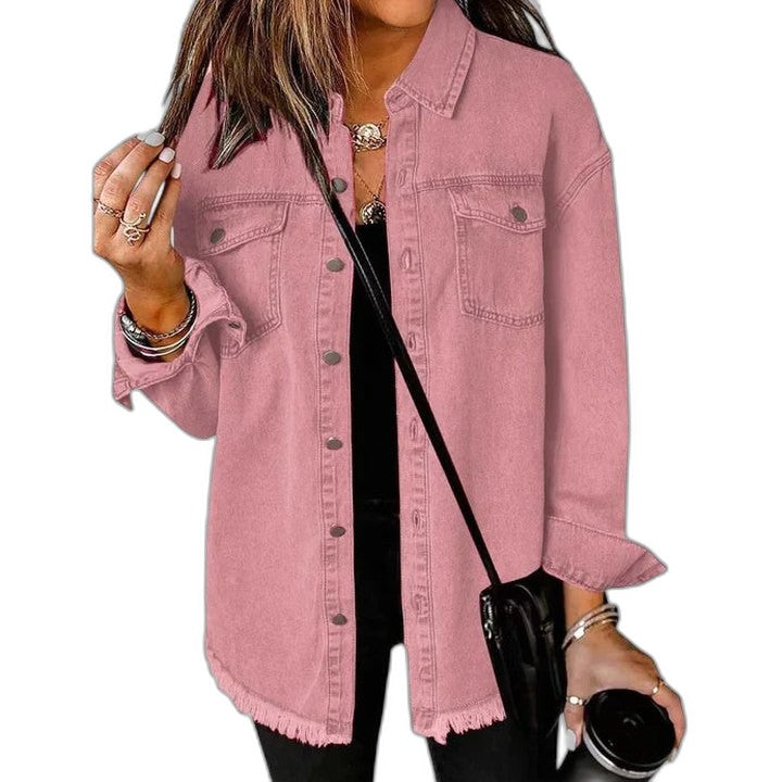 Effortless Pink Denim Jacket for Women with Collared Long Sleeve Button Front Oversized Pockets Casual Style