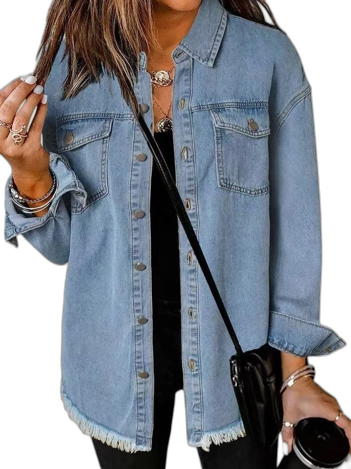 Effortless Pink Denim Jacket for Women with Collared Long Sleeve Button Front Oversized Pockets Casual Style