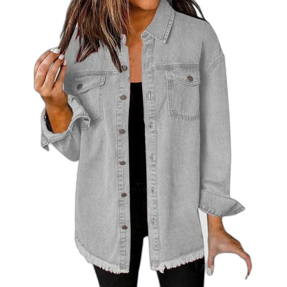 Effortless Pink Denim Jacket for Women with Collared Long Sleeve Button Front Oversized Pockets Casual Style