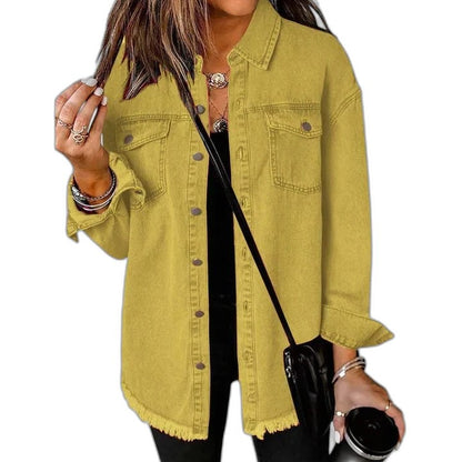 Effortless Pink Denim Jacket for Women with Collared Long Sleeve Button Front Oversized Pockets Casual Style