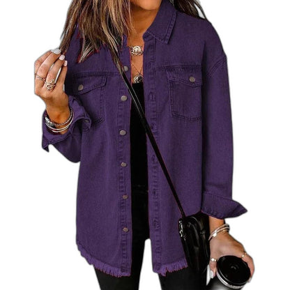 Effortless Pink Denim Jacket for Women with Collared Long Sleeve Button Front Oversized Pockets Casual Style
