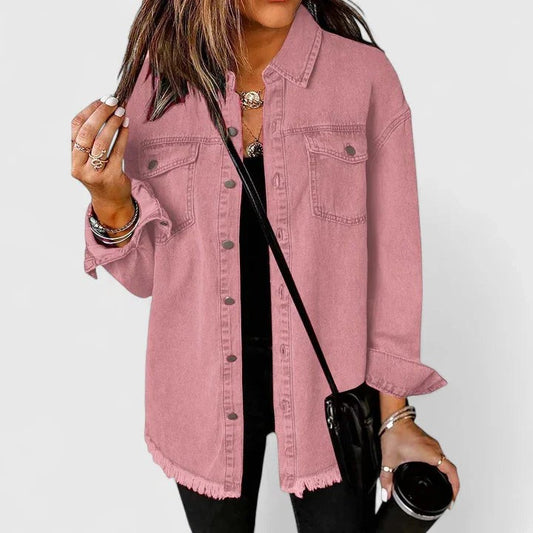 Effortless Pink Denim Jacket for Women with Collared Long Sleeve Button Front Oversized Pockets Casual Style