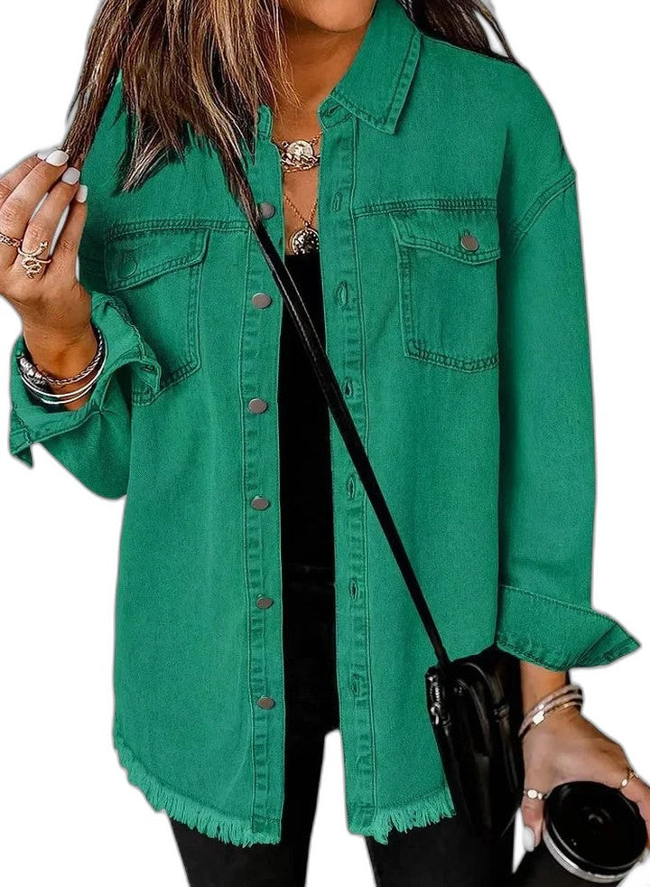 Effortless Pink Denim Jacket for Women with Collared Long Sleeve Button Front Oversized Pockets Casual Style