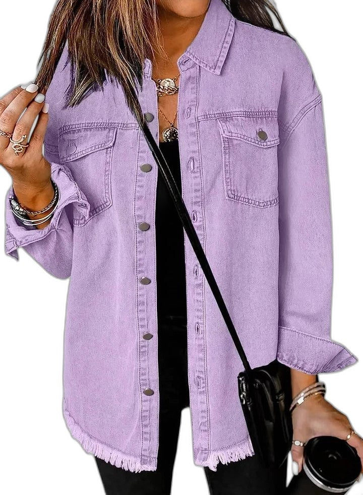 Effortless Pink Denim Jacket for Women with Collared Long Sleeve Button Front Oversized Pockets Casual Style