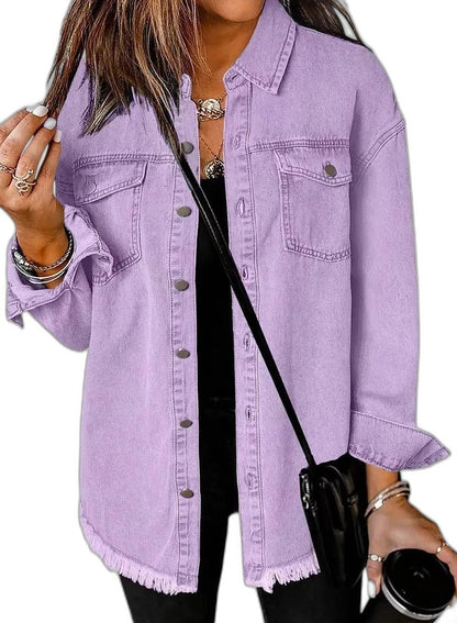 Effortless Pink Denim Jacket for Women with Collared Long Sleeve Button Front Oversized Pockets Casual Style